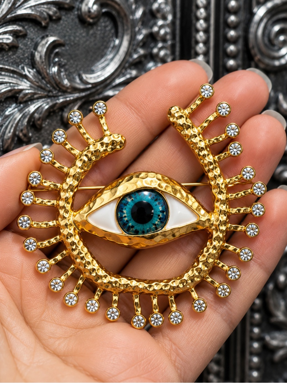 Gold tone Evil Eye Brooch with Blue and Green Iris - Picture 3 of 7